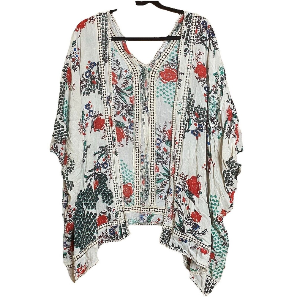 Anthropologie EN CREME Top Kimono Crochet Floral Cover Up Boho Women L Cream Red